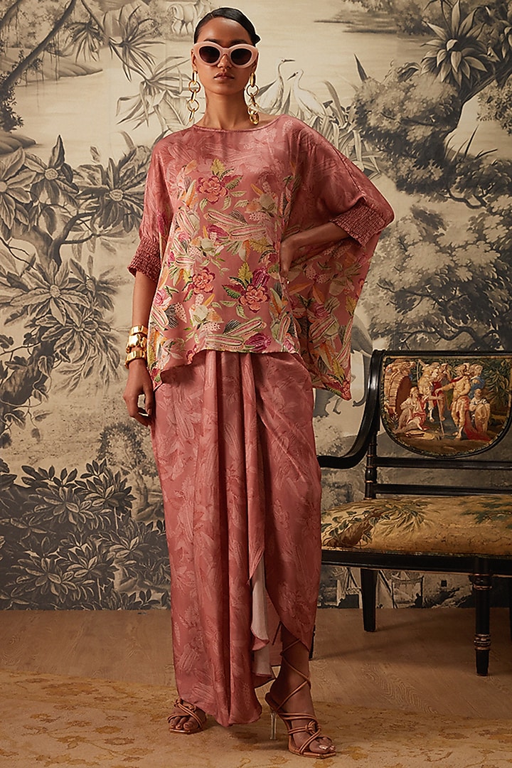Mauve Pink Viscose Satin Floral Printed Tunic by Kalista