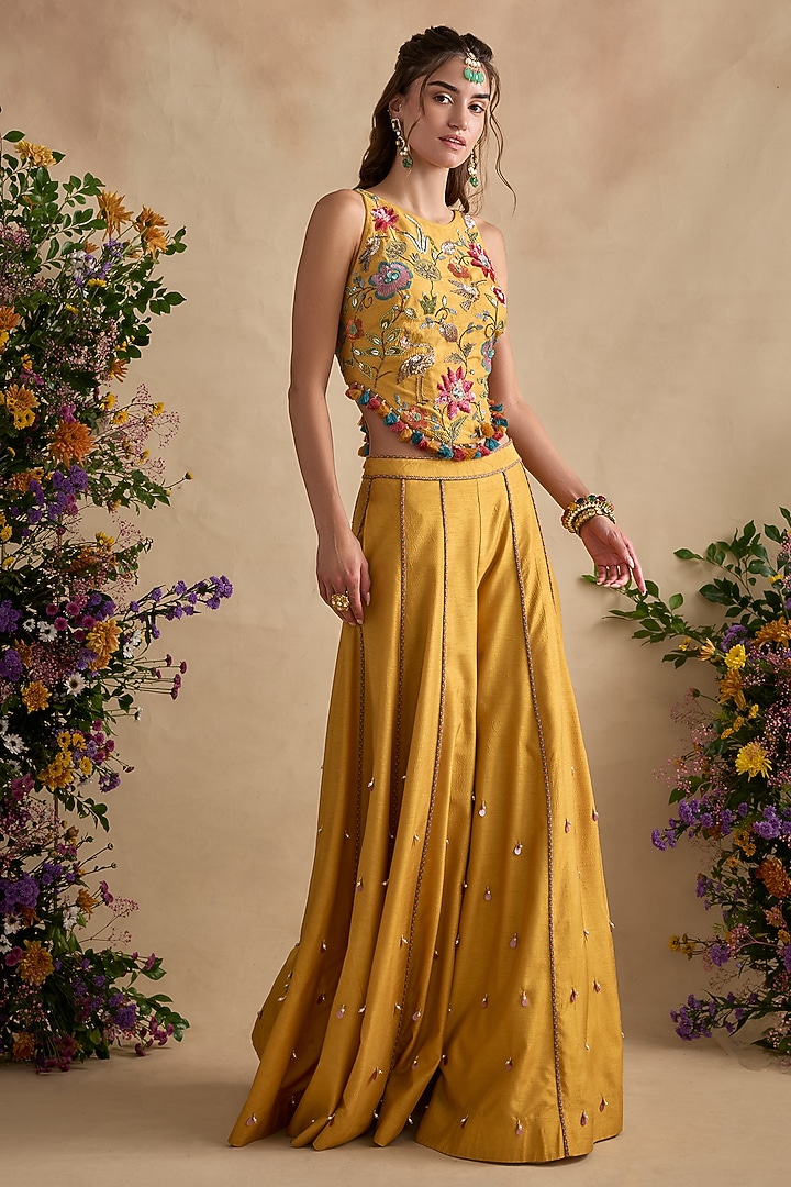Lemon Yellow Viscose Silk Wedding Sharara Set by Kalista at Pernia's Pop Up Shop