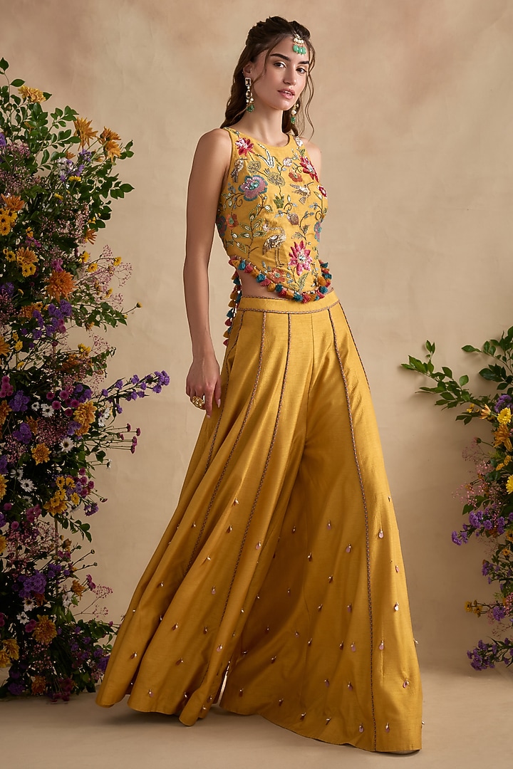Lemon Yellow Viscose Silk Wedding Sharara Set by Kalista at Pernia's Pop Up Shop