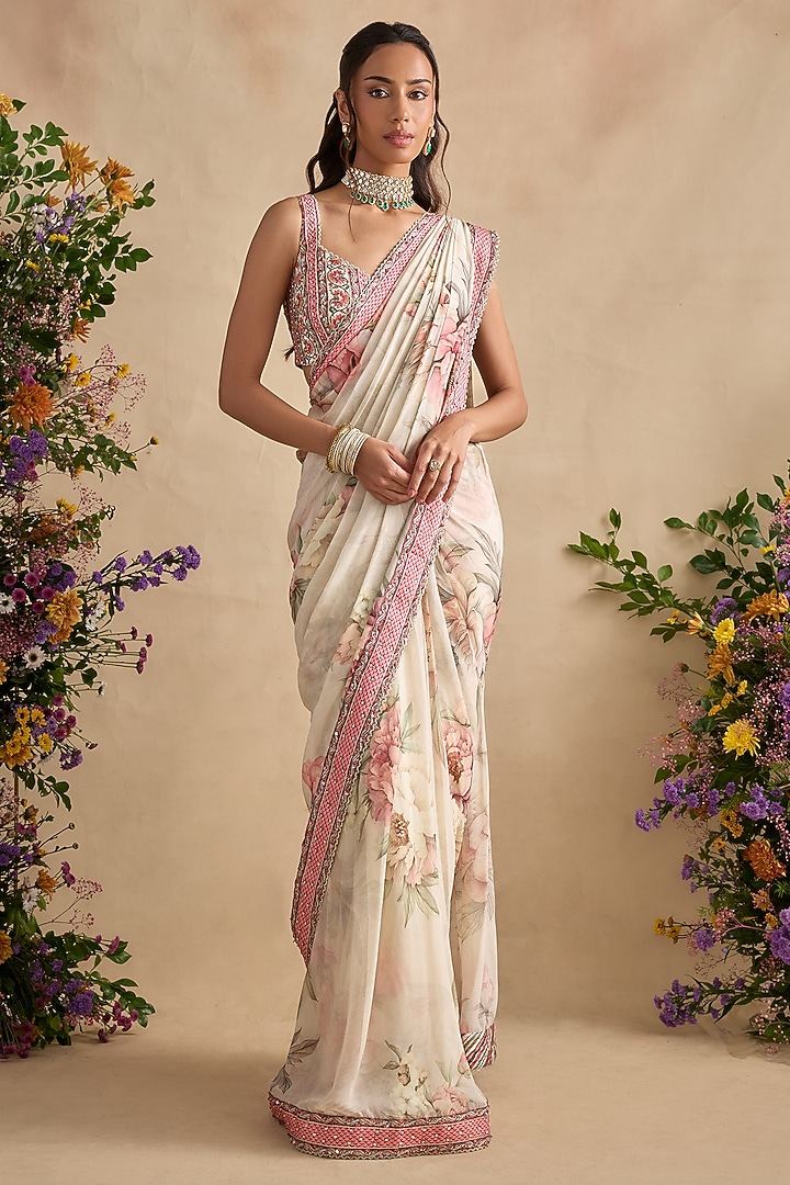 Ivory Viscose Georgette Hand Embroidered Pre-Draped Wedding Saree Set by Kalista at Pernia's Pop Up Shop