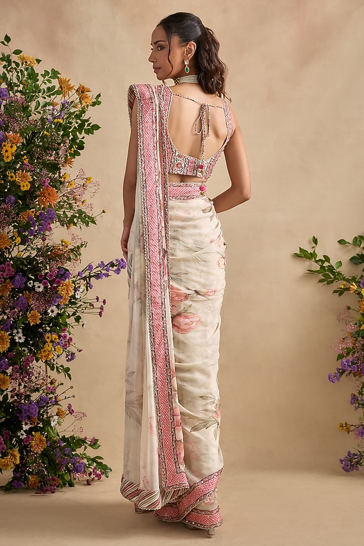 Ivory Viscose Georgette Hand Embroidered Pre-Draped Wedding Saree Set by Kalista at Pernia's Pop Up Shop