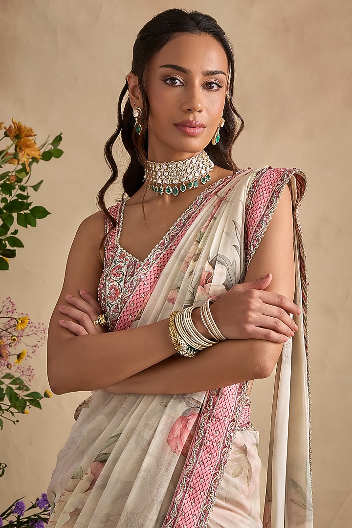 Ivory Viscose Georgette Hand Embroidered Pre-Draped Wedding Saree Set by Kalista at Pernia's Pop Up Shop