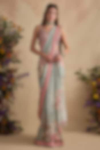 Soft Mint Viscose Georgette Hand Embroidered Pre-Draped Wedding Saree Set by Kalista at Pernia's Pop Up Shop