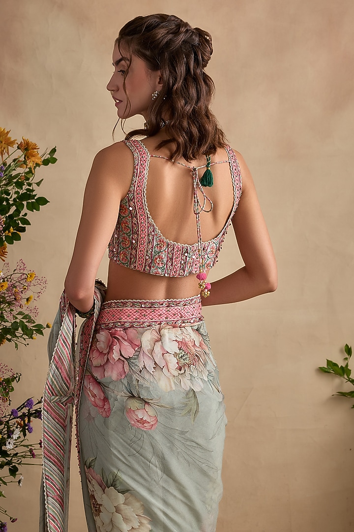 Soft Mint Viscose Georgette Hand Embroidered Pre-Draped Wedding Saree Set by Kalista at Pernia's Pop Up Shop