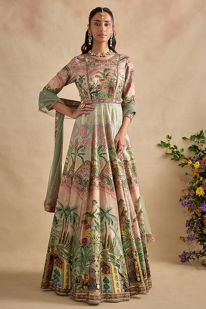 Pastel Pink Viscose Silk Sequins Embroidered Wedding Anarkali Set by Kalista at Pernia's Pop Up Shop