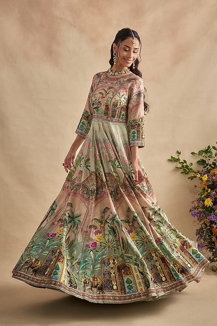 Pastel Pink Viscose Silk Sequins Embroidered Wedding Anarkali Set by Kalista at Pernia's Pop Up Shop