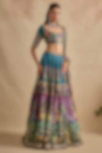 Blue & Purple Viscose Silk Hand Embroidered Wedding Lehenga Set by Kalista at Pernia's Pop Up Shop