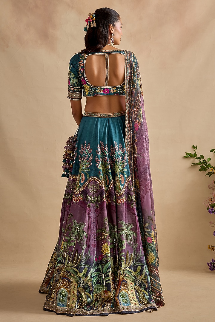 Blue & Purple Viscose Silk Hand Embroidered Wedding Lehenga Set by Kalista at Pernia's Pop Up Shop