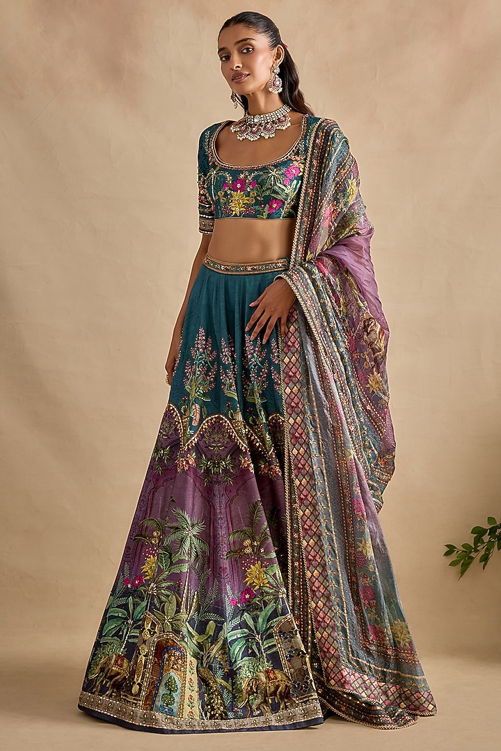 Blue & Purple Viscose Silk Hand Embroidered Wedding Lehenga Set by Kalista at Pernia's Pop Up Shop