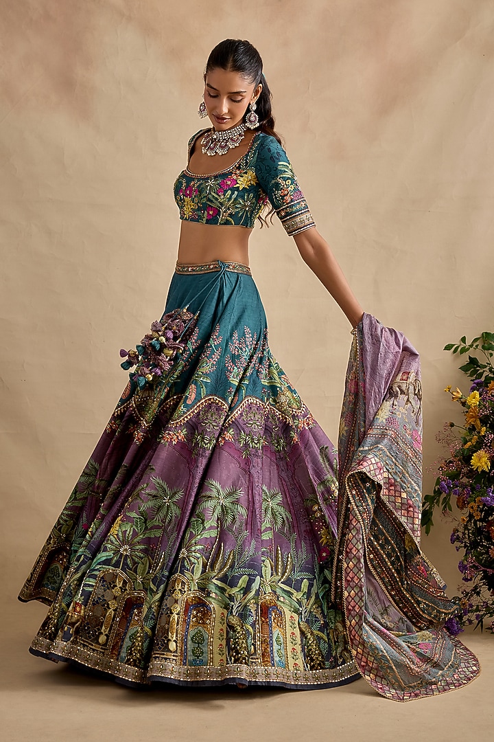 Blue & Purple Viscose Silk Hand Embroidered Wedding Lehenga Set by Kalista at Pernia's Pop Up Shop