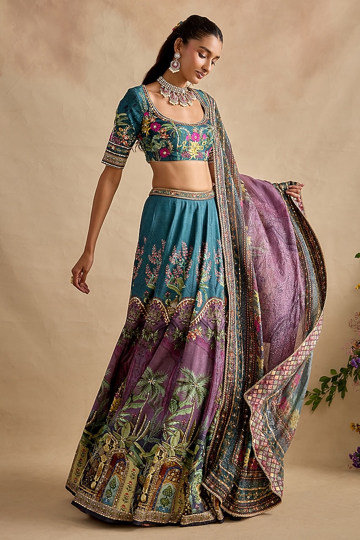 Blue & Purple Viscose Silk Hand Embroidered Wedding Lehenga Set by Kalista at Pernia's Pop Up Shop