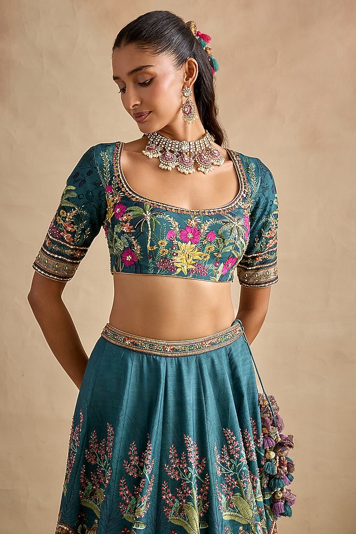 Blue & Purple Viscose Silk Hand Embroidered Wedding Lehenga Set by Kalista at Pernia's Pop Up Shop