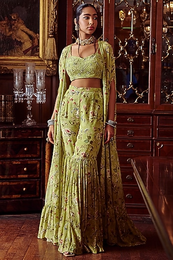 Pista Green Printed Gharara Set by Kalista at Pernia's Pop Up Shop