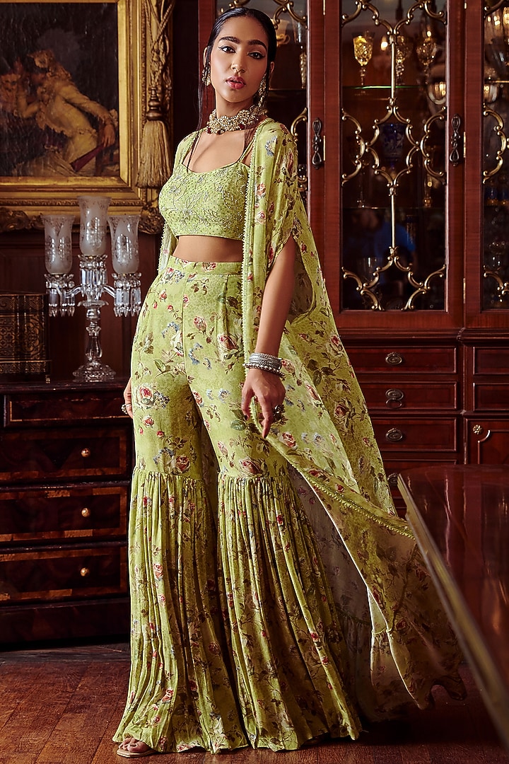 Pista Green Printed Gharara Set by Kalista at Pernia's Pop Up Shop