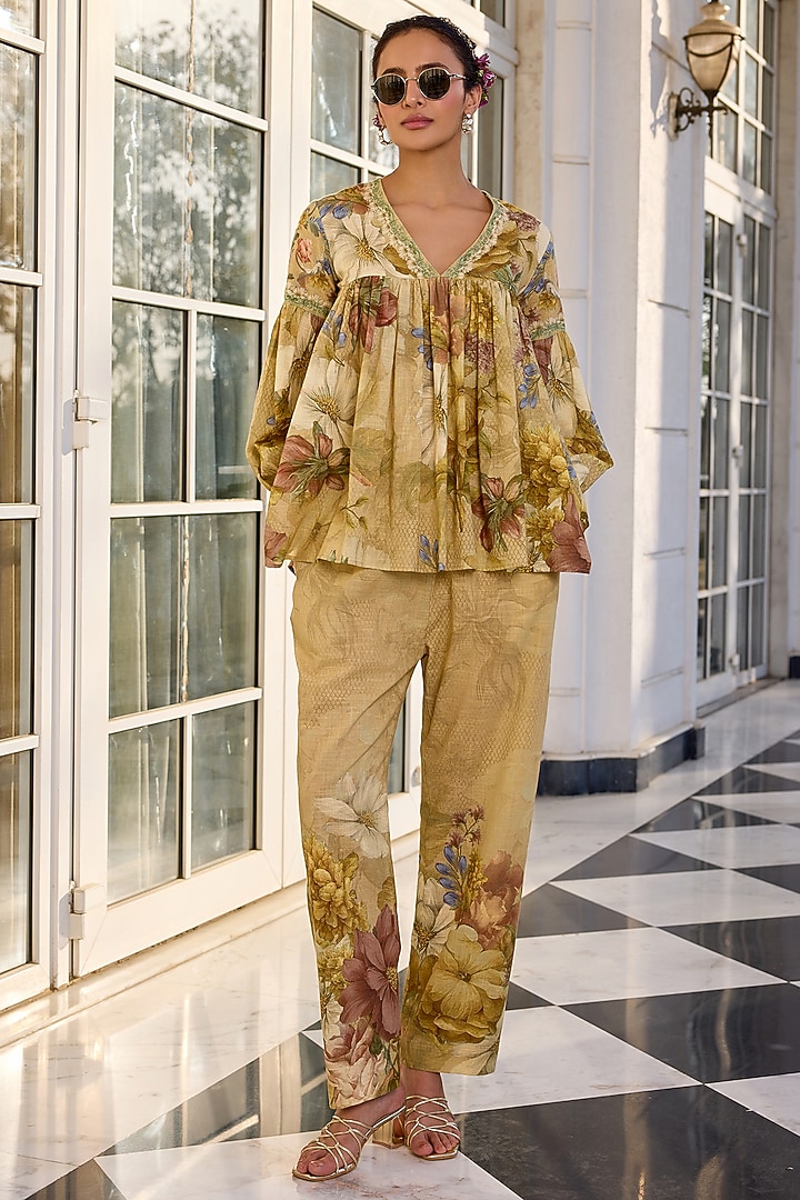 Beige Cotton Slub Floral Printed Co-Ord Set by Kalista at Pernia's Pop Up Shop