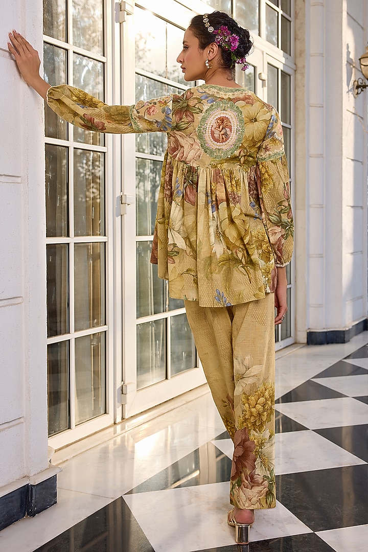 Beige Cotton Slub Floral Printed Co-Ord Set by Kalista at Pernia's Pop Up Shop