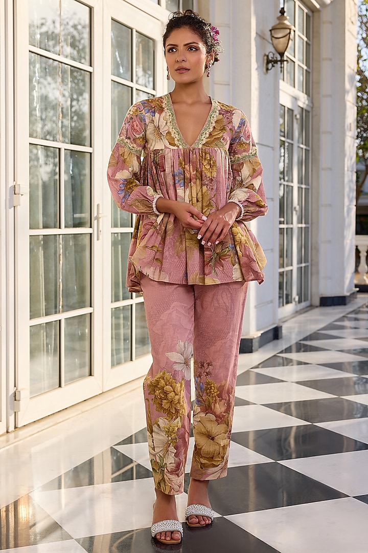 Pink Cotton Slub Floral Printed Co-Ord Set by Kalista at Pernia's Pop Up Shop