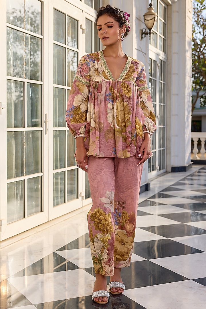 Pink Cotton Slub Floral Printed Co-Ord Set by Kalista at Pernia's Pop Up Shop