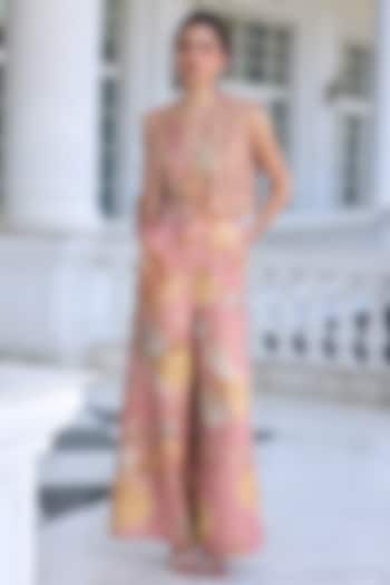 Blush Pink Brocade Floral Printed Jumpsuit With Jacket by Kalista at Pernia's Pop Up Shop