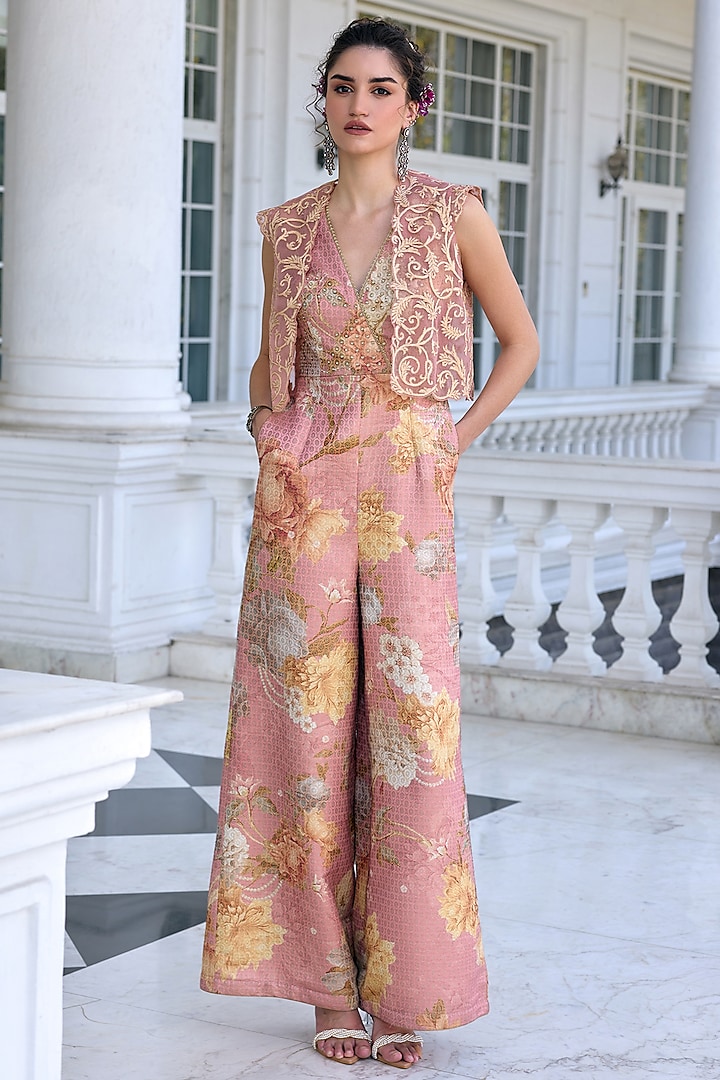Blush Pink Brocade Floral Printed Jumpsuit With Jacket by Kalista at Pernia's Pop Up Shop