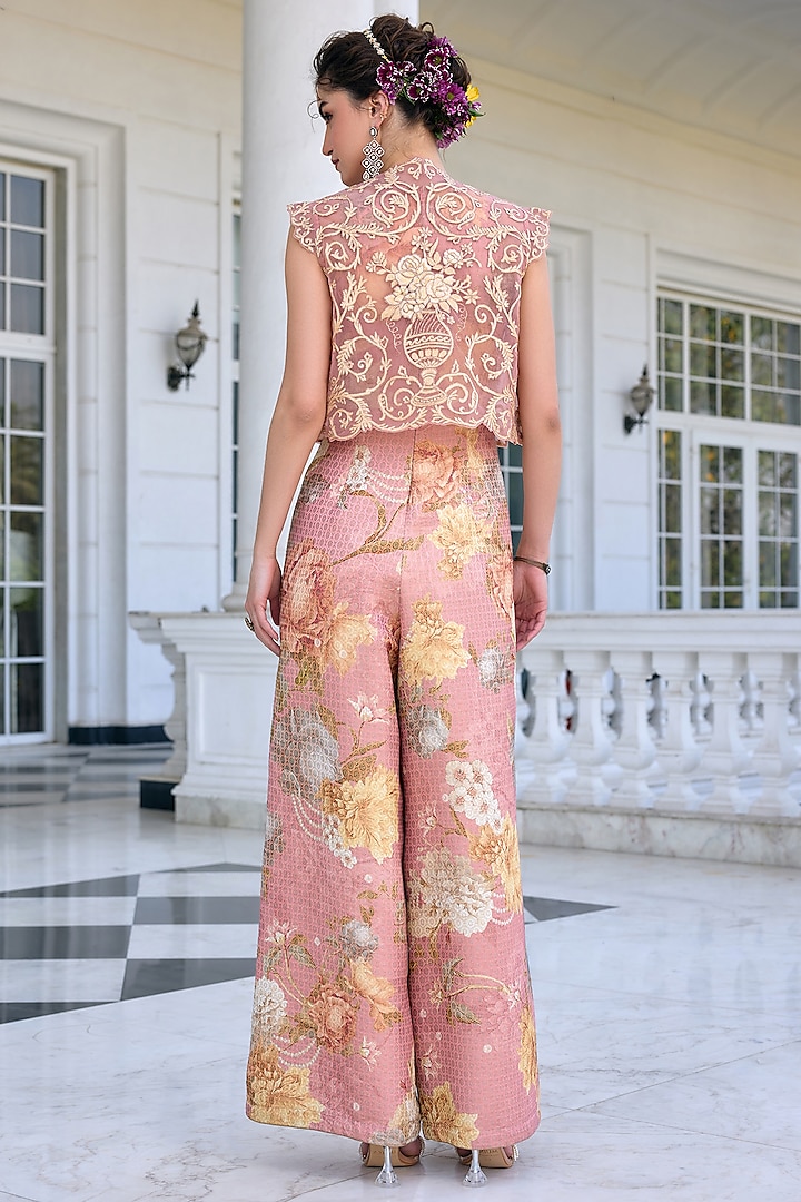 Blush Pink Brocade Floral Printed Jumpsuit With Jacket by Kalista at Pernia's Pop Up Shop