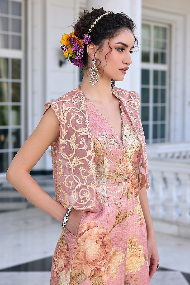 Blush Pink Brocade Floral Printed Jumpsuit With Jacket by Kalista at Pernia's Pop Up Shop