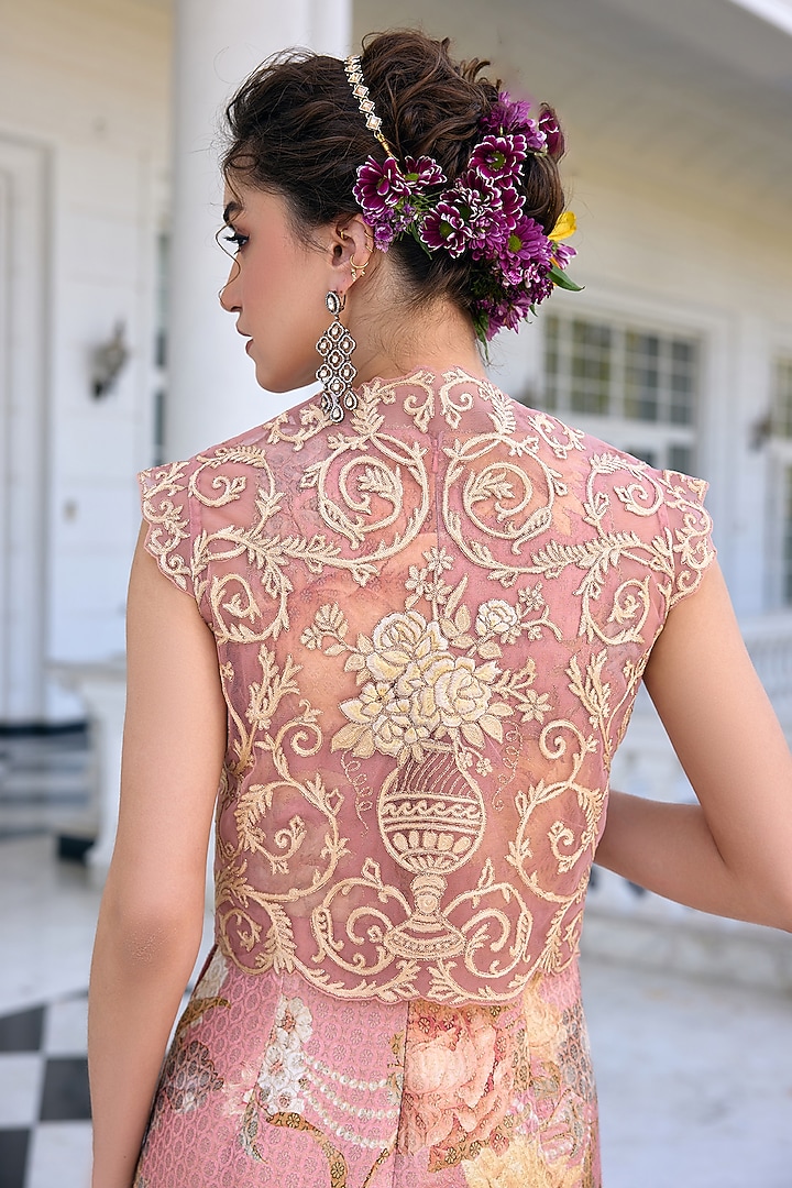Blush Pink Brocade Floral Printed Jumpsuit With Jacket by Kalista at Pernia's Pop Up Shop
