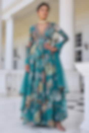 Turquoise Organza Floral Printed Wedding Anarkali Set by Kalista at Pernia's Pop Up Shop