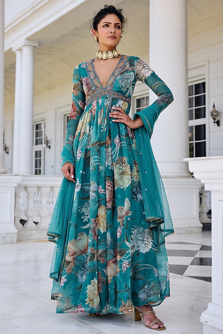 Turquoise Organza Floral Printed Wedding Anarkali Set by Kalista at Pernia's Pop Up Shop