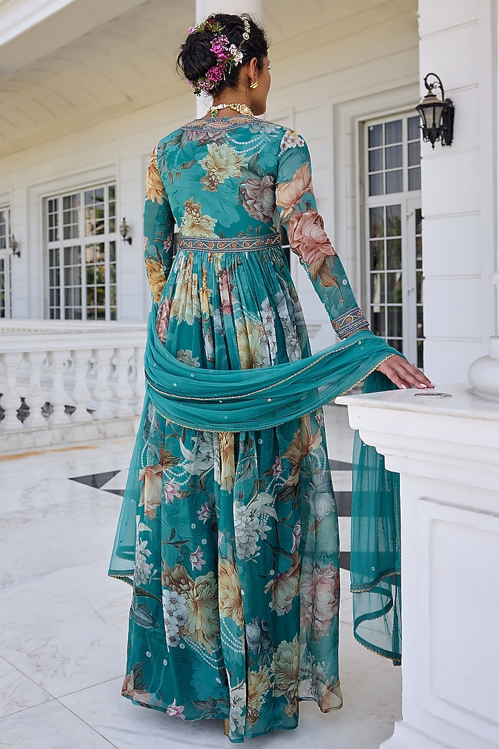 Turquoise Organza Floral Printed Wedding Anarkali Set by Kalista at Pernia's Pop Up Shop