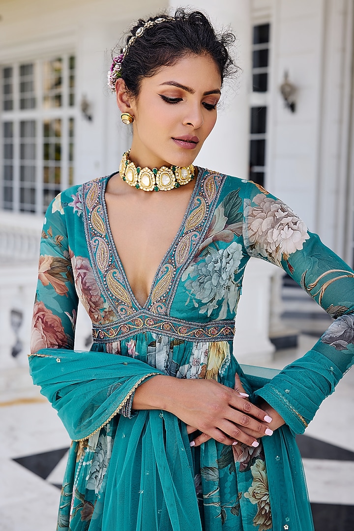 Turquoise Organza Floral Printed Wedding Anarkali Set by Kalista at Pernia's Pop Up Shop