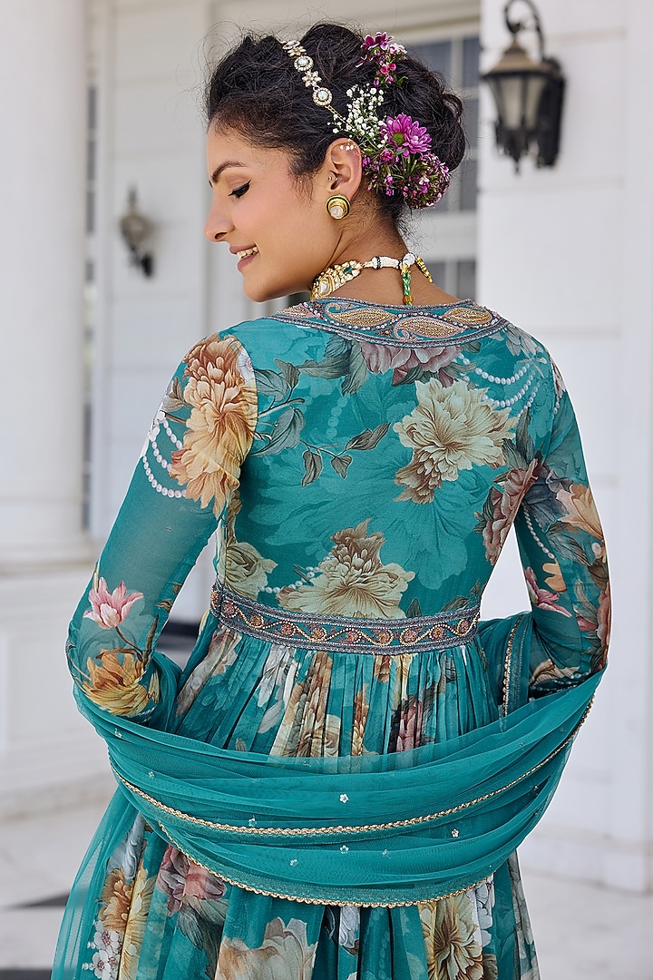 Turquoise Organza Floral Printed Wedding Anarkali Set by Kalista at Pernia's Pop Up Shop