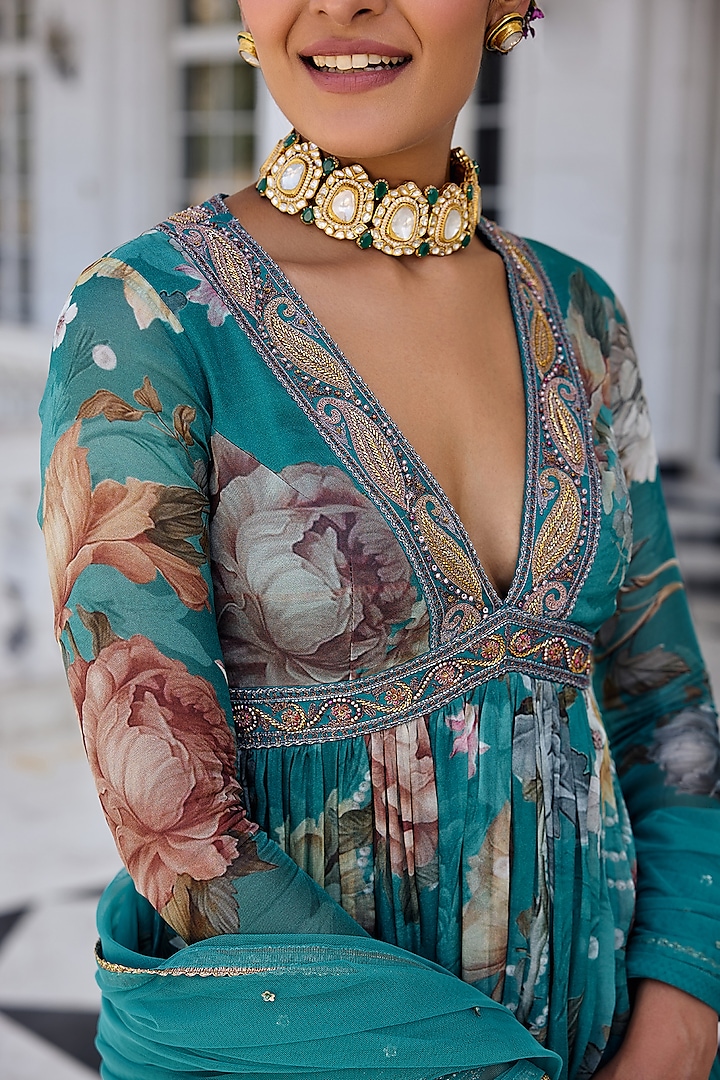 Turquoise Organza Floral Printed Wedding Anarkali Set by Kalista at Pernia's Pop Up Shop