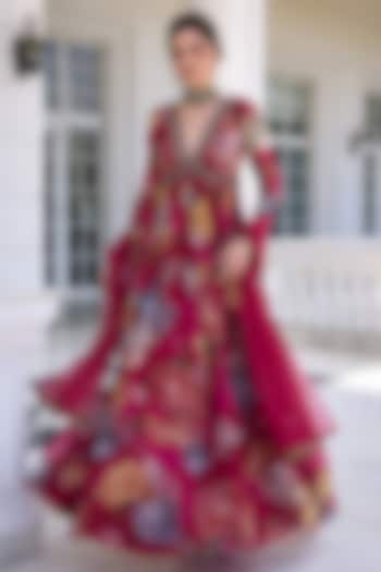 Fuchsia Organza Floral Printed Wedding Anarkali Set by Kalista at Pernia's Pop Up Shop