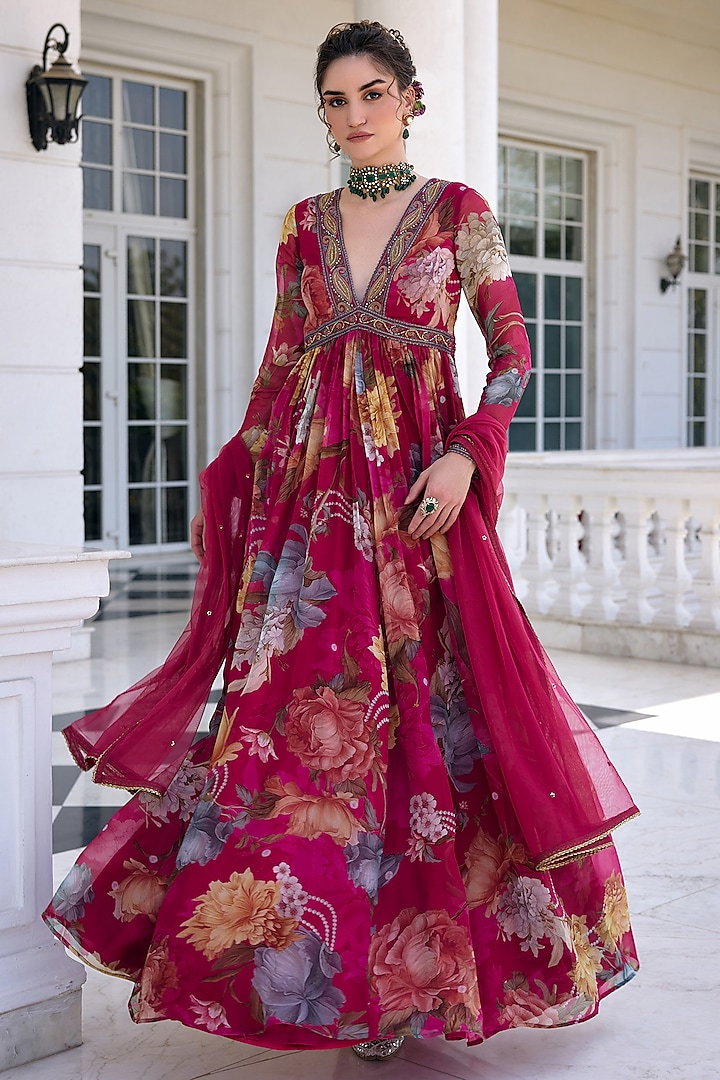 Fuchsia Organza Floral Printed Wedding Anarkali Set by Kalista at Pernia's Pop Up Shop
