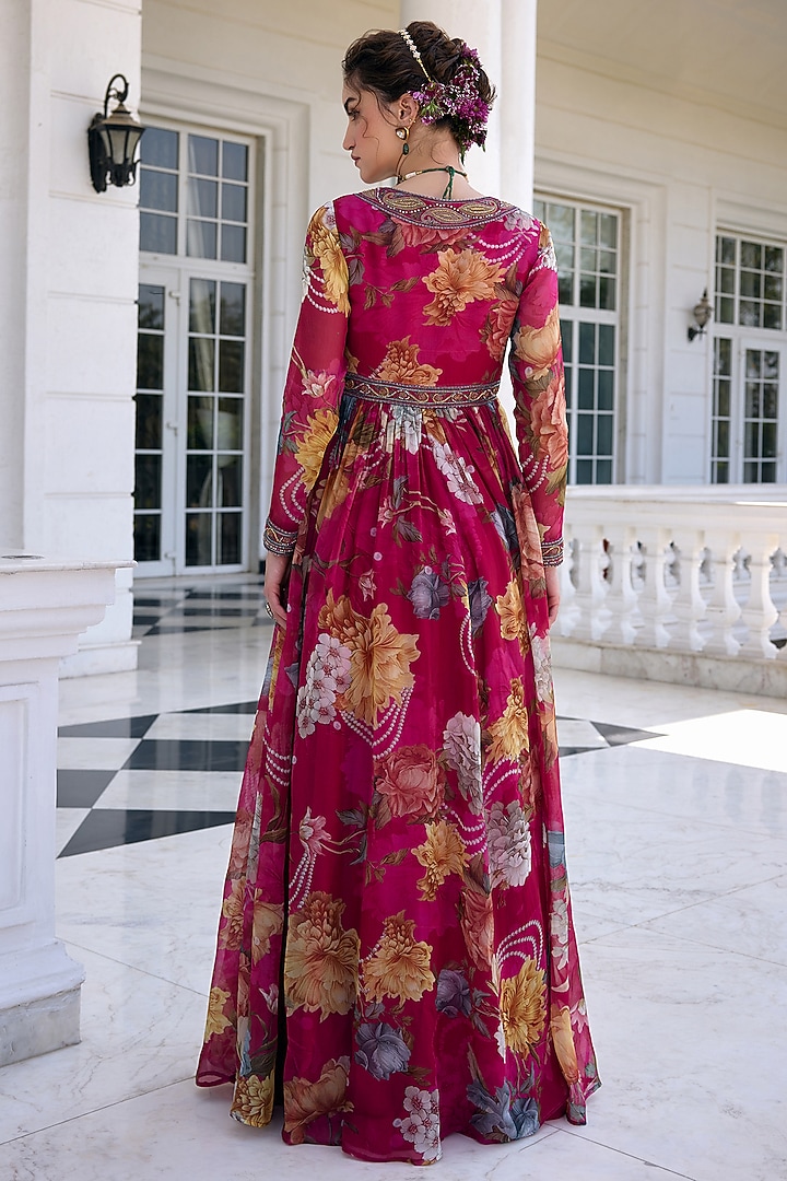Fuchsia Organza Floral Printed Wedding Anarkali Set by Kalista at Pernia's Pop Up Shop