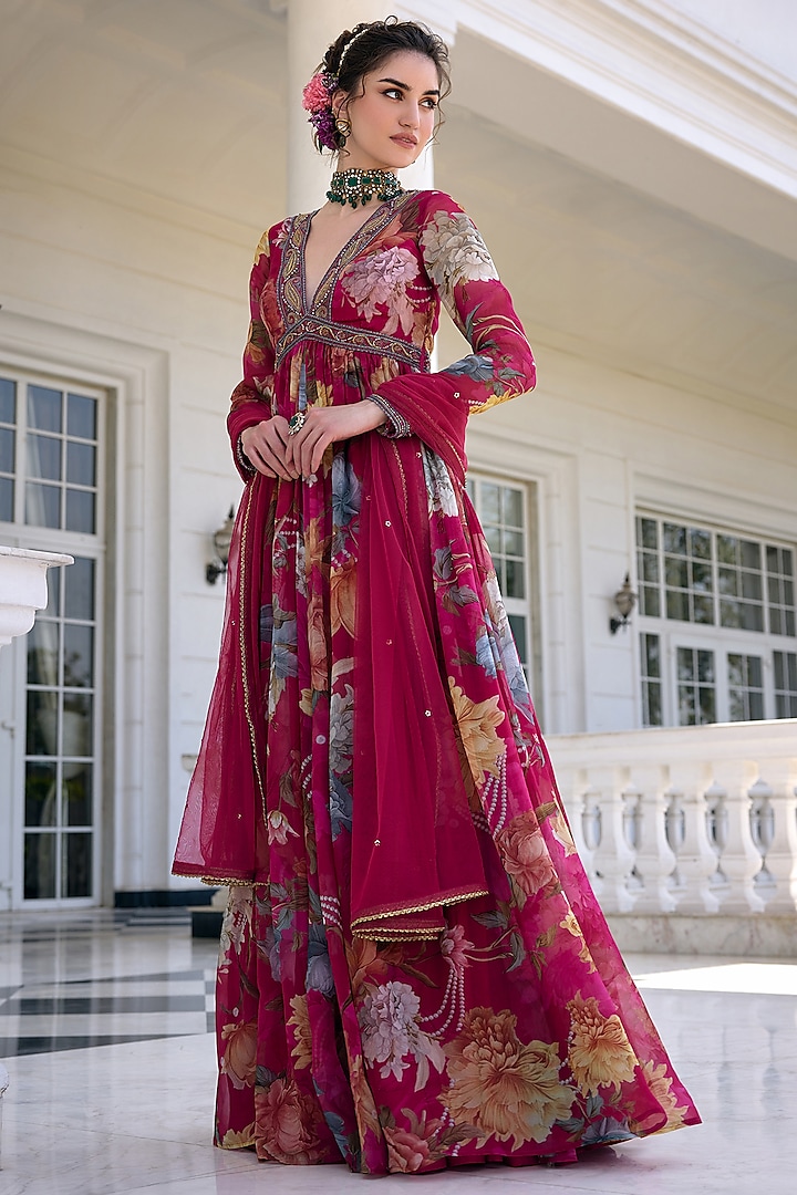 Fuchsia Organza Floral Printed Wedding Anarkali Set by Kalista at Pernia's Pop Up Shop