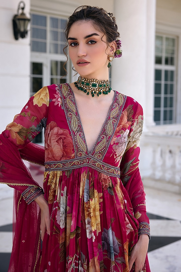 Fuchsia Organza Floral Printed Wedding Anarkali Set by Kalista at Pernia's Pop Up Shop