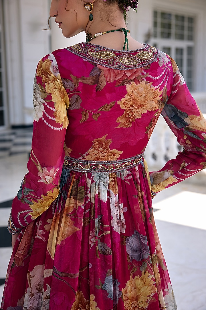 Fuchsia Organza Floral Printed Wedding Anarkali Set by Kalista at Pernia's Pop Up Shop