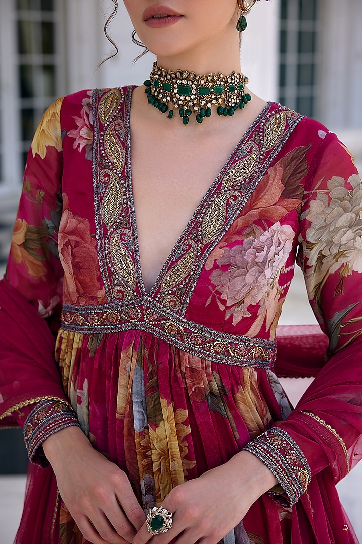 Fuchsia Organza Floral Printed Wedding Anarkali Set by Kalista at Pernia's Pop Up Shop