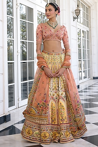 Yellow Mashru Satin Floral Printed Lehenga Set by Kalista