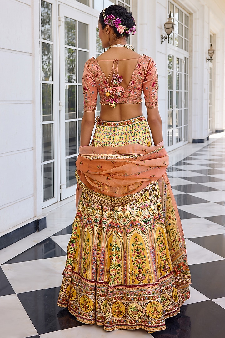 Yellow Mashru Satin Floral Printed Wedding Lehenga Set by Kalista at Pernia's Pop Up Shop