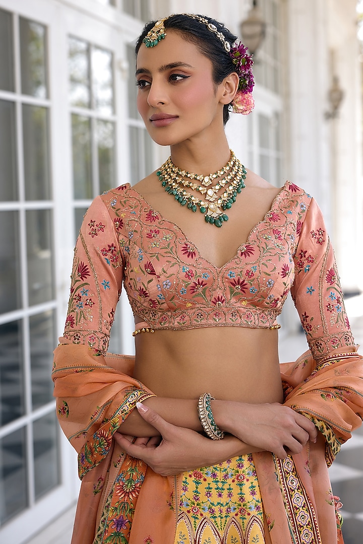 Yellow Mashru Satin Floral Printed Wedding Lehenga Set by Kalista at Pernia's Pop Up Shop