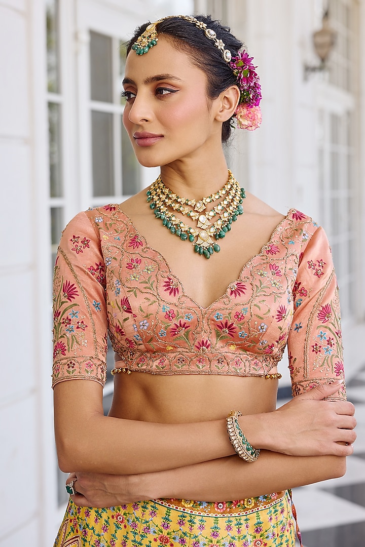 Yellow Mashru Satin Floral Printed Wedding Lehenga Set by Kalista at Pernia's Pop Up Shop