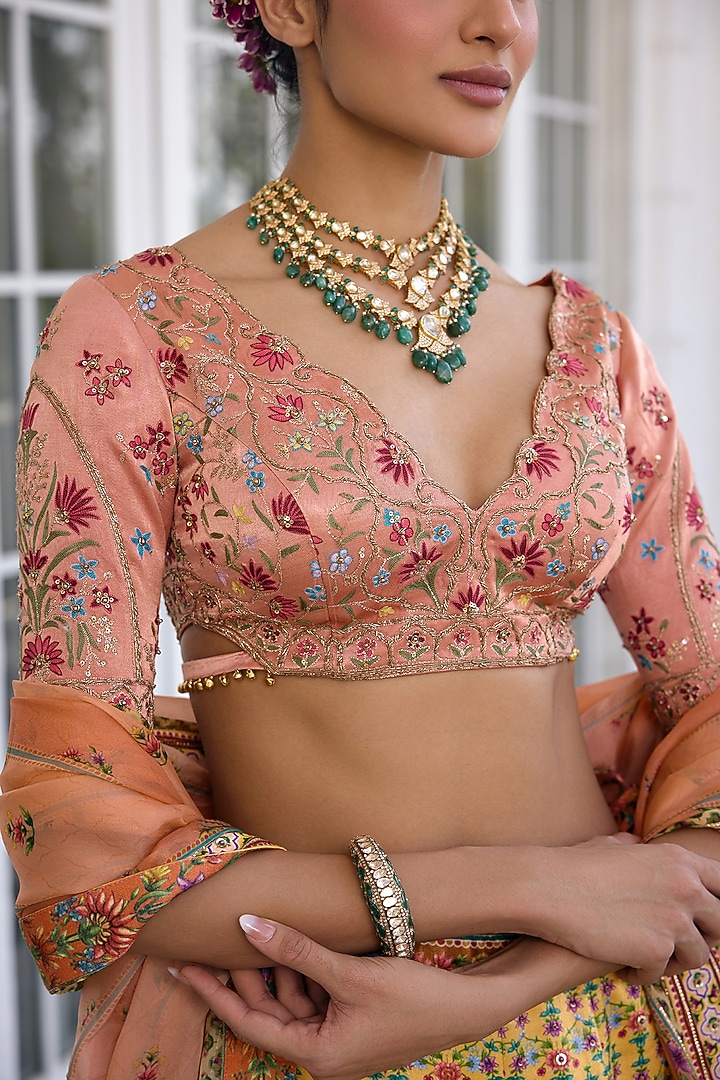 Yellow Mashru Satin Floral Printed Wedding Lehenga Set by Kalista at Pernia's Pop Up Shop