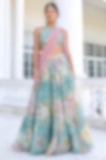 Turquoise Tissue Floral Printed Wedding Lehenga Set by Kalista at Pernia's Pop Up Shop