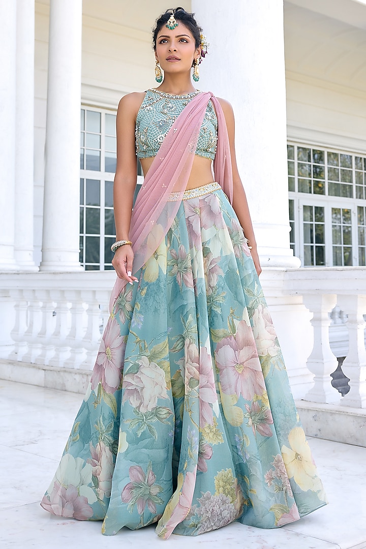 Turquoise Tissue Floral Printed Wedding Lehenga Set by Kalista at Pernia's Pop Up Shop