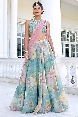 Turquoise Tissue Floral Printed Lehenga Set by Kalista