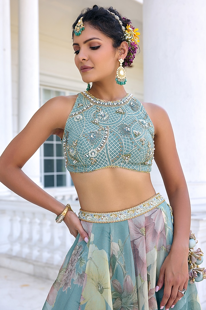 Turquoise Tissue Floral Printed Wedding Lehenga Set by Kalista at Pernia's Pop Up Shop