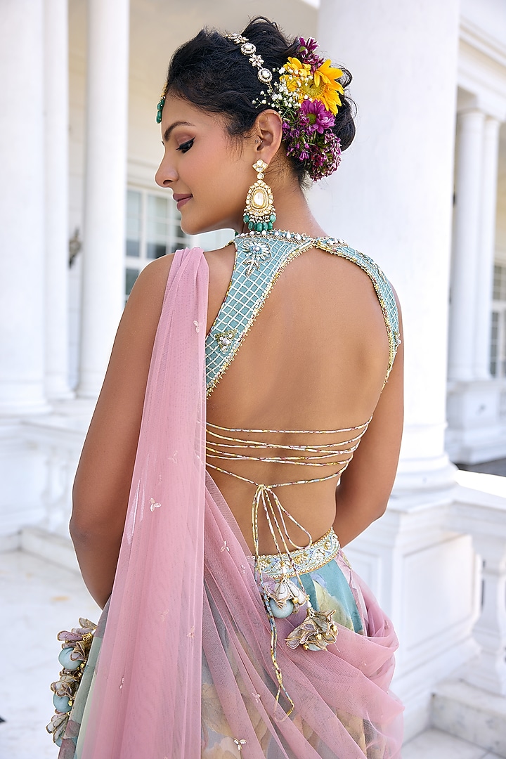 Turquoise Tissue Floral Printed Wedding Lehenga Set by Kalista at Pernia's Pop Up Shop